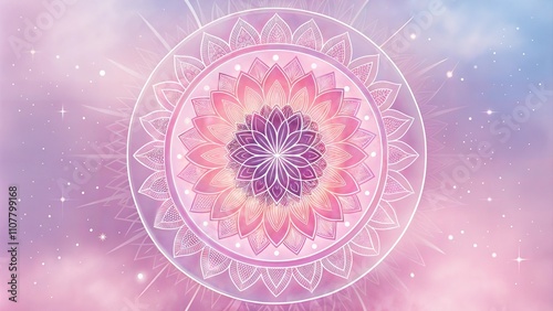 Delicate pink and purple mandala with ethereal background and sparkling stars for meditation photo