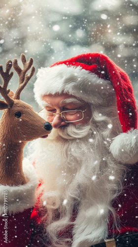 Mobile phone wallpaper backdrop: Santa Claus with his reindeer, snow falling, Christmas atmosphere