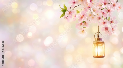 Close-up of white cherry blossoms on delicate branches, with a softly glowing traditional lantern in the background.