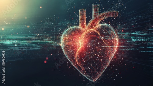 An artistic representation of a human heart with dynamic waves and digital data overlay, set against a minimalist, dark background