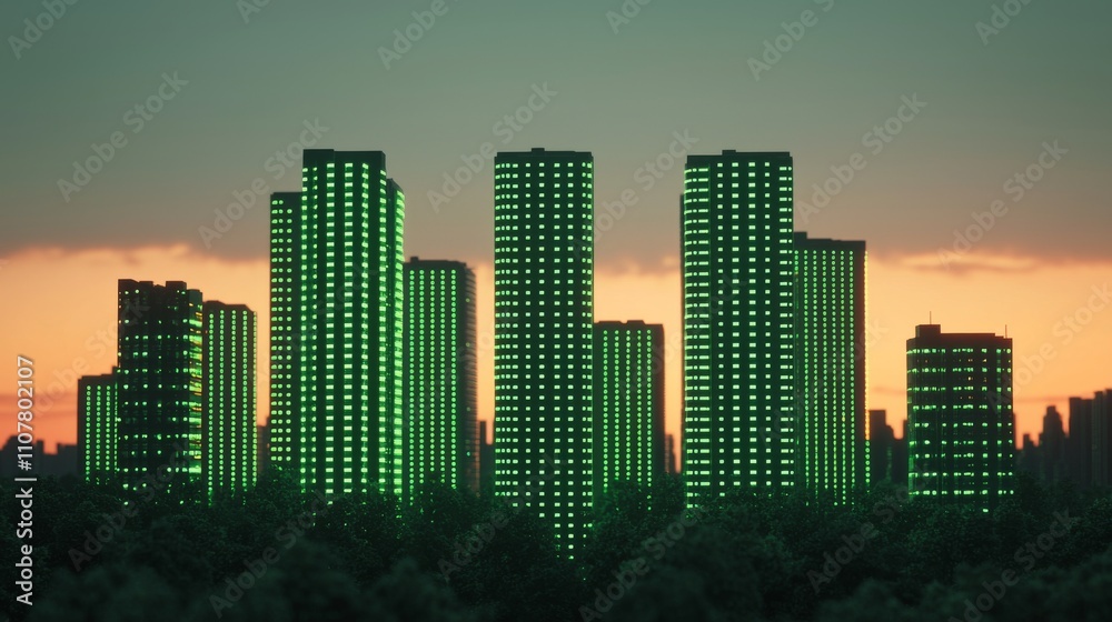 Obraz premium A skyline of tall buildings illuminated in green against a dusk sky, creating a futuristic and vibrant cityscape.