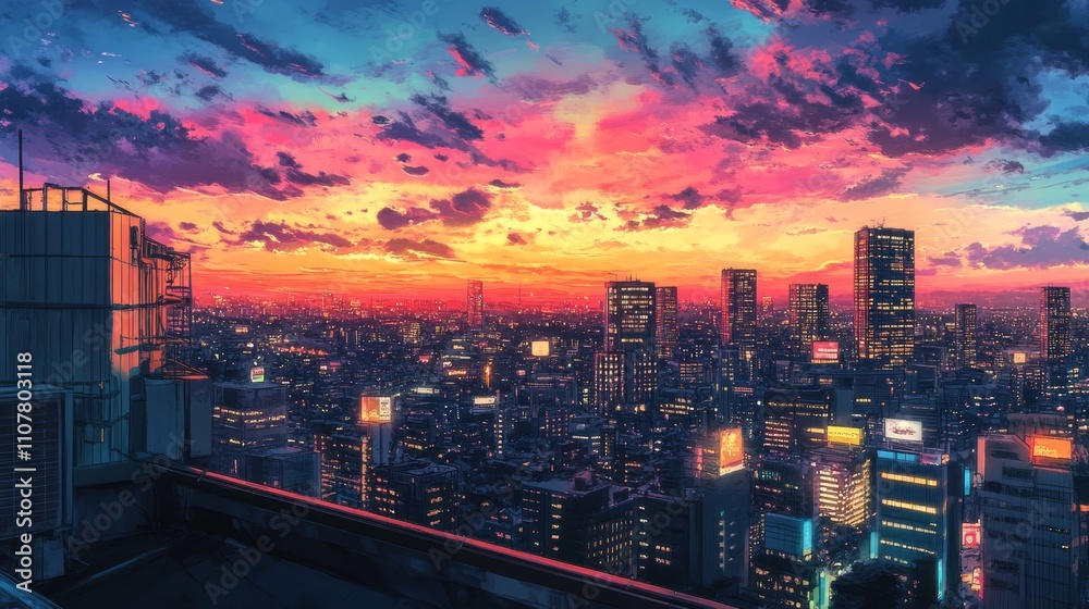 Vibrant sunset over a sprawling cityscape, viewed from a rooftop. Vibrant sunset over a sprawling cityscape, viewed from a rooftop.