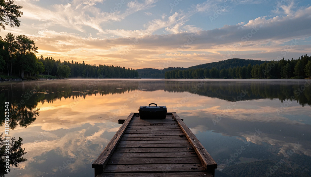 Fototapeta premium Tranquil lakeside view from a wooden pier at sunrise with a peaceful reflection