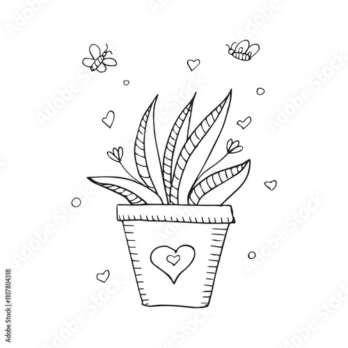 Doodled Houseplant with butterflies Drawing On white Background.