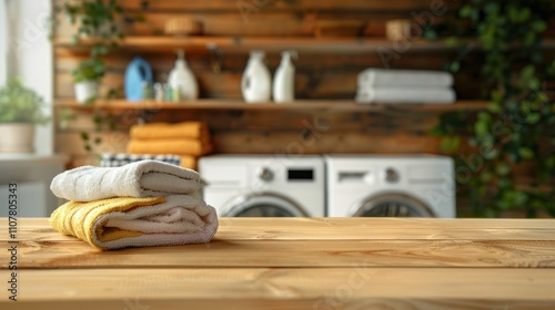 photograph of Empty wooden board with towels on blurred background of washing machine in home laundry. Place for product mounting and advertising photo