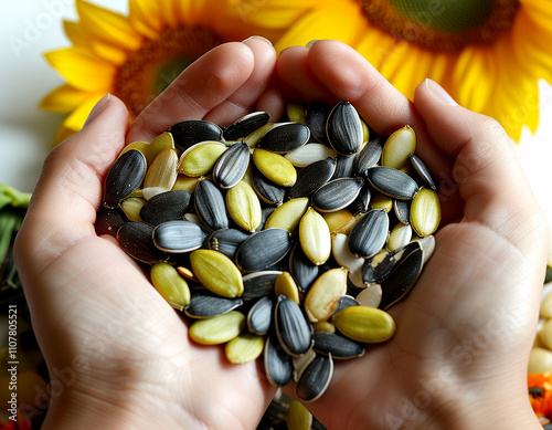 Bright sunflower seeds held lovingly, showcasing nature's bounty and beauty