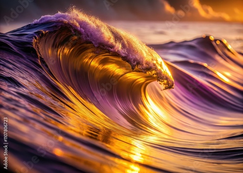 Fluid purple and gold waves flow gracefully, creating an elegant background filled with dynamic movement and sophisticated accents for a captivating visual experience.