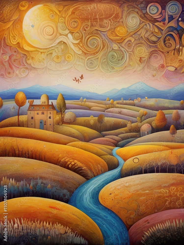 Obraz premium Scenic autumn landscape featuring trees in fall colors, hills in the background, and a bright moon above.