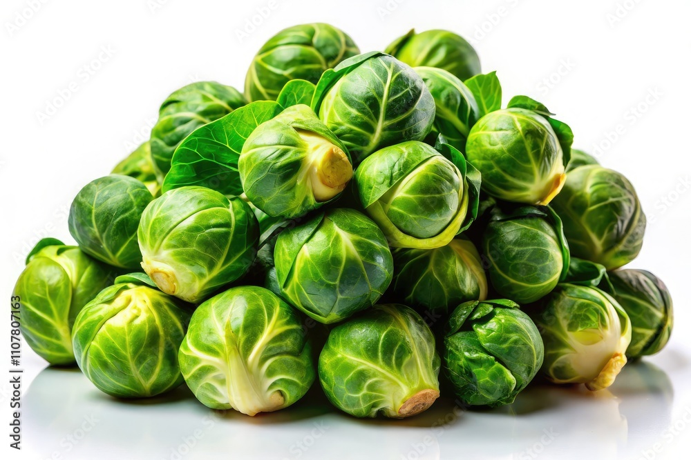 Fototapeta premium Fresh Brussels sprouts on a white background highlight healthy, organic produce rich in nutrients. Ideal for vegan diets and culinary creations, they provide essential dietary fiber.