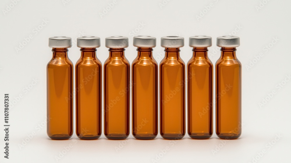 Seven amber glass bottles lined up against a neutral background. Seven amber glass bottles lined up against a neutral background.