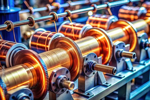 Tilt-Shift Photography of a Coil Winder Machine Featuring Jackshafts, Copper Wire Drawing Die, and Round Rollers for Precision Wire Rolling in Industrial Settings photo