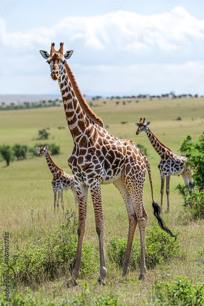 Obraz premium Graceful giraffes roam African savannah against a cloudy sky.
