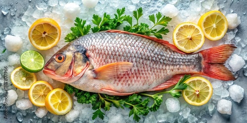 Freshly Caught Tilapia on Ice with Parsley and Lemons - Drone Photography