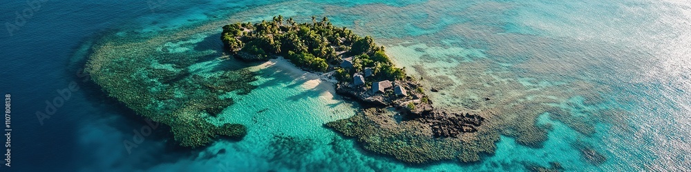 Obraz premium Panoramic aerial view of a tropical island with reefs