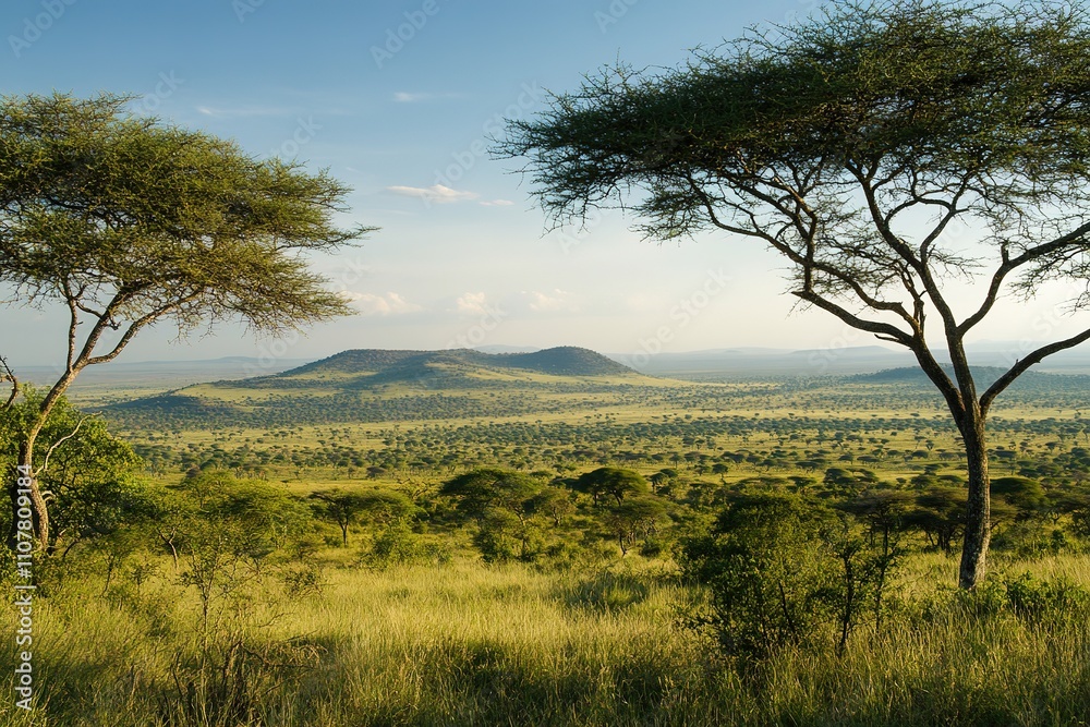 Fototapeta premium Savanna landscape with acacias and distant hills