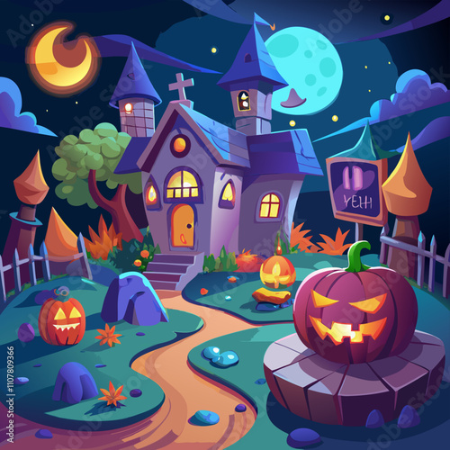 3D Cartoon Halloween Festivity with Spooky Backdrop