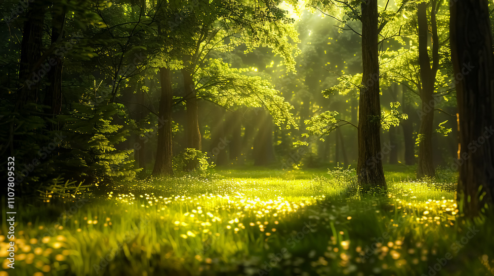 Obraz premium A tranquil forest scene with sunlight filtering through the canopy of trees and casting