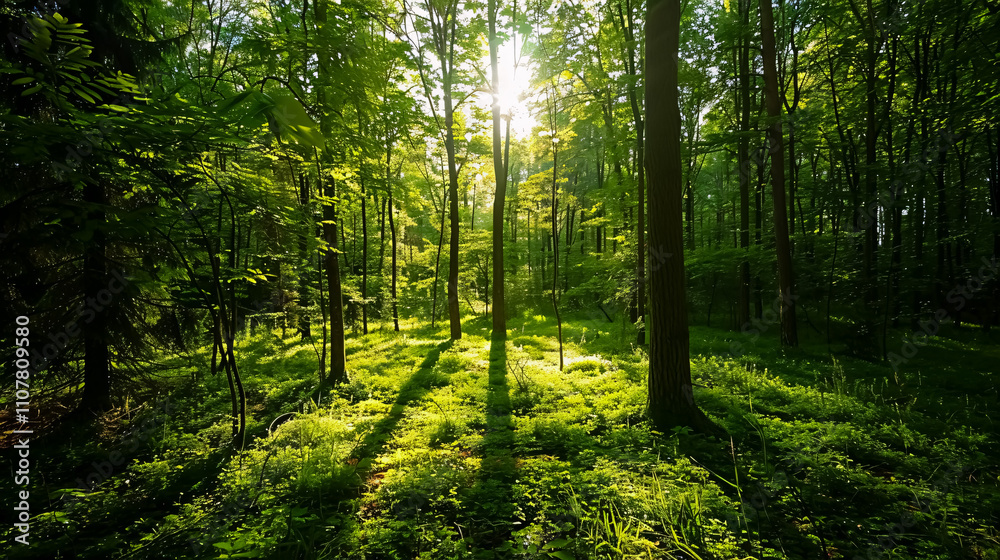 Fototapeta premium A tranquil forest scene with sunlight filtering through the canopy of trees and casting