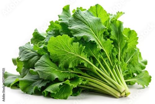 Fresh turnip greens against a white background, ideal for culinary applications, organic produce, healthy eating, and vibrant natural food photography. A nutritious choice for cooking.