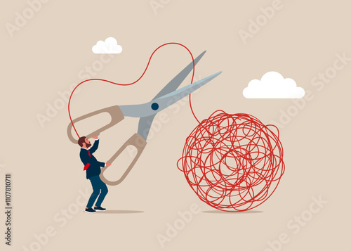 Businessman gets rid of psychological problems. Using scissors to cut chaos messy balloon on patient businessman. Working on achieving psychological balance in life. Flat vector illustration