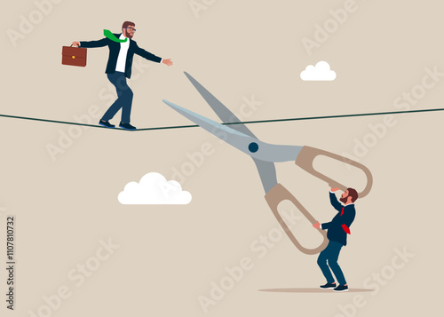 Businessman running on rope, meanwhile a partner with scissors is cutting the rope. Risk challenge in business concept. Flat vector illustration