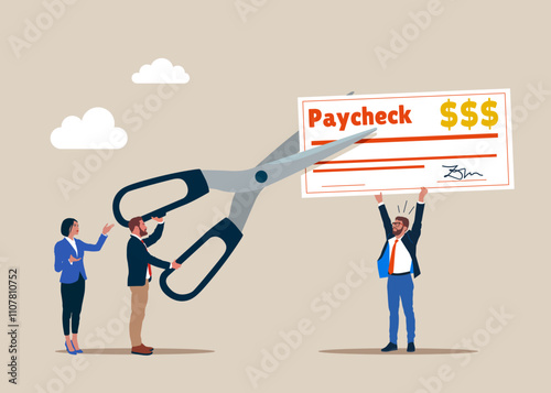 Crisis. Cut staff pay. Businessman using scissors to cut employee pay check salary. Protect crisis cost. Flat vector illustration