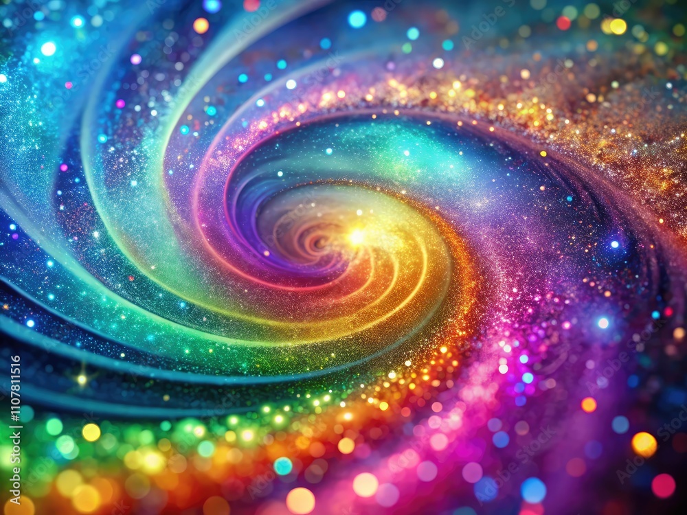 Obraz premium Glittering iridescent fairy dust swirls in a rainbow spiral, creating a whimsical galaxy effect perfect for enchanting magical fantasy backgrounds. Sparkle and shimmer abound!