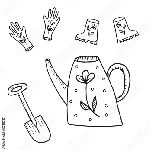 A hand-drawn watering can, gloves and rubber boot in doodle style. For print, pattern, label, web, mobile and infographics isolated on white background