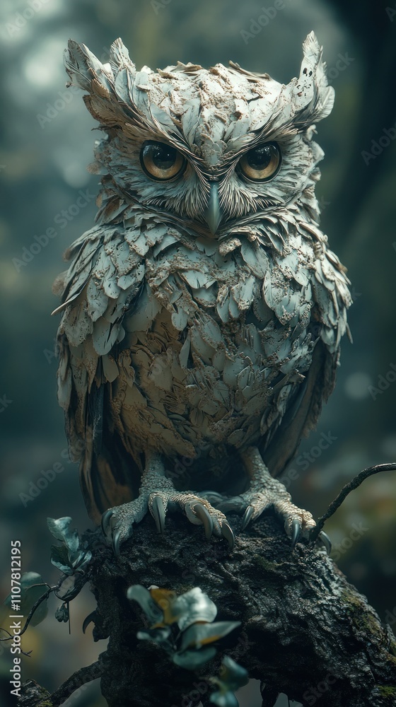 Obraz premium Majestic owl perched on a tree branch in a dark forest, showcasing intricate feather details and intense gaze.