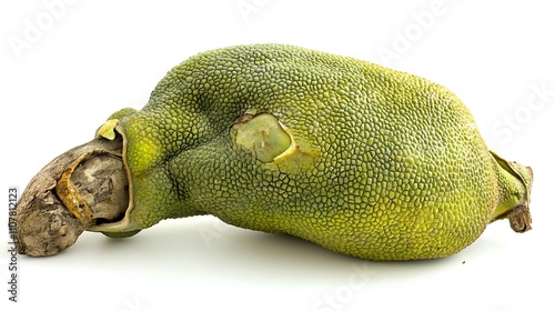 A whole jackfruit lying sideways with its rough green skin prominently displayed on a white background photo