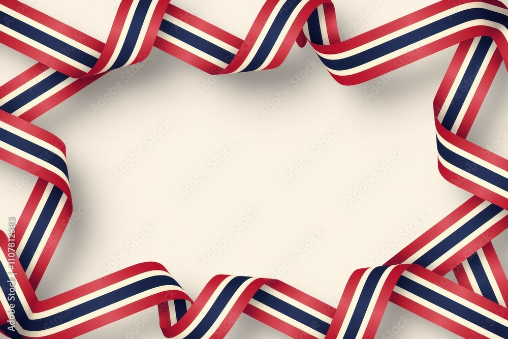 Obraz premium Thai ribbon frame. Elegant red white blue ribbons form a beautiful frame, perfect for patriotic designs or celebratory announcements. Symbolizes unity and pride.