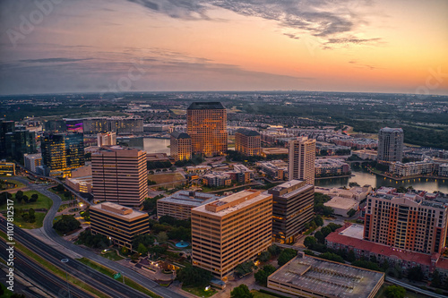 Aerial View of the Irving, Texas Skyline at Sunrise during Summer photo