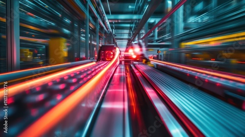 Abstract motion blur of a conveyor belt system in a modern factory.