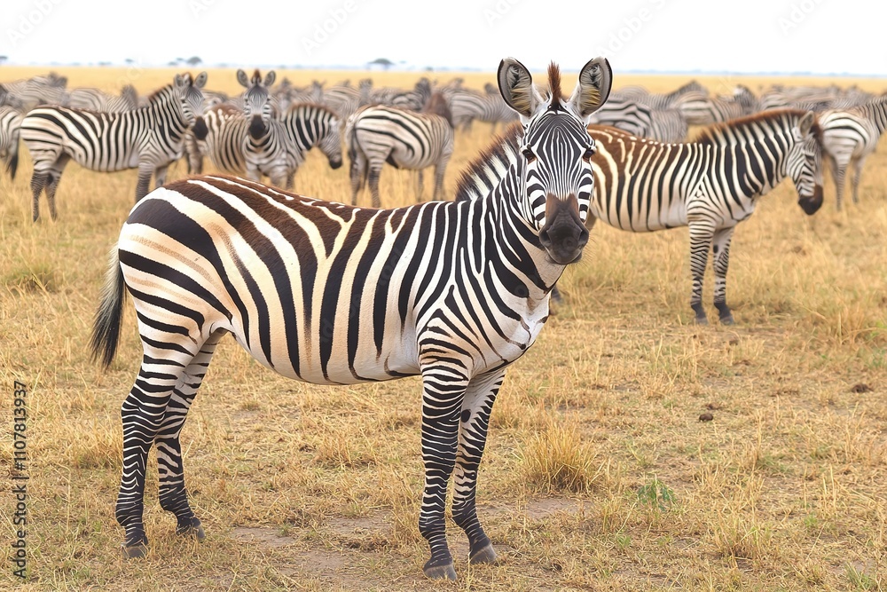 Fototapeta premium Zebra standing out in a herd on savanna grassland