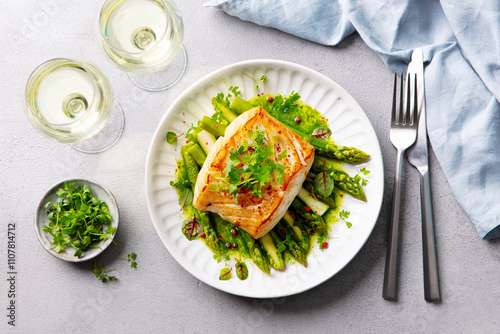 Roasted cod, codfish with asparagus and on plate and white wine. Grey background. Close up.