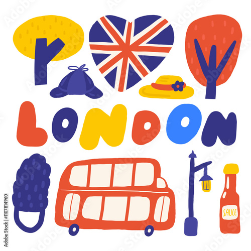 Wallpaper Mural Cute England, english, UK, United Kingdom objects, composition with hand drawn doodle London, tree, bus, street lamp, heart shape flag, hat, cap, transport, ketchup. Tourist, travel, education signs Torontodigital.ca