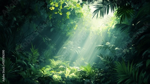 Lush rainforest, vibrant green canopy, sunlight filtering through leaves, detailed foliage, dense vegetation.