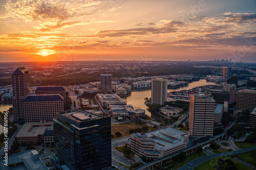 Aerial View of the Irving, Texas Skyline at Sunrise during Summer
