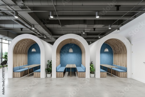 Modern white and blue open-space office with clean, sleek design