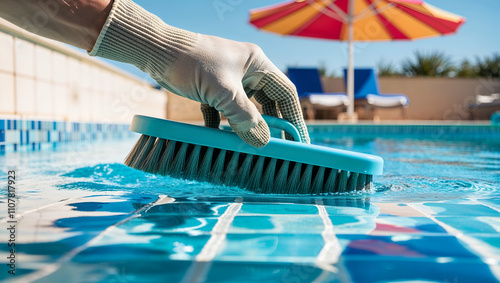 Cleaning a swimming pool with a brush on a sunny day in a backyard oasis