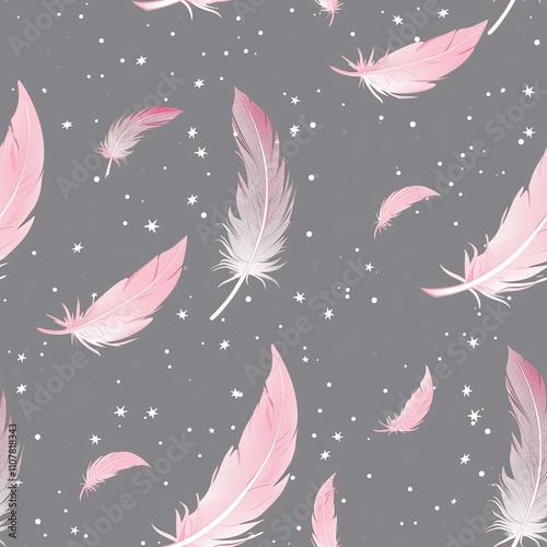 Colorful feathers and stars create a dreamy pattern on a gray background.