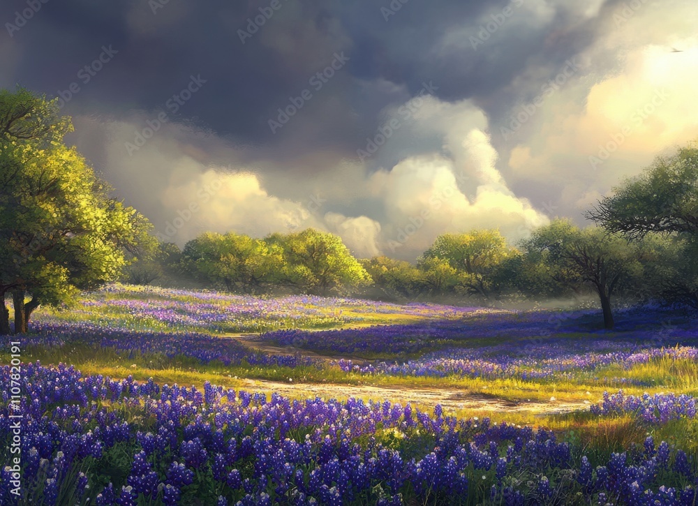 Fototapeta premium A Serene Landscape of Lush Purple Wildflowers Under a Cloudy Sky with Golden Sunlight Peeking Through, Capturing Tranquility and Natural Beauty in High Definition