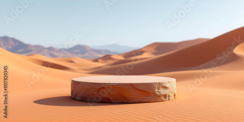 Minimalist Product Stand: Desert Podium with Sand Background, Modern Product Showcase: Desert Podium with Sand Dunes