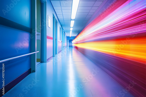 Long empty hospital corridor, modern floor, long exposure photo with light painting