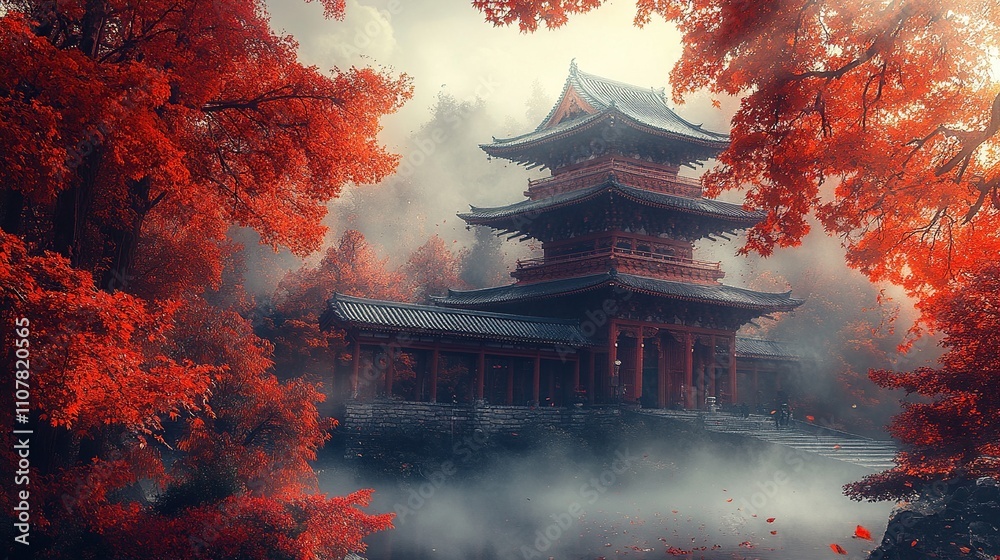 Obraz premium A serene temple surrounded by vibrant red foliage and misty atmosphere, evoking tranquility.