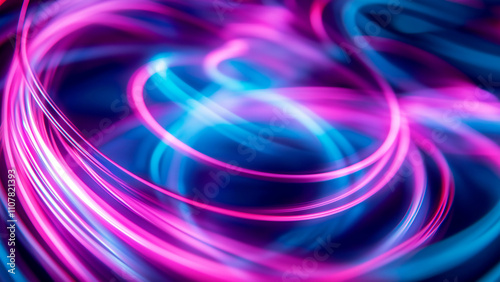 An abstract background filled with neon light curves in pink and blue hues, enhanced by motion blur and a bokeh effect.