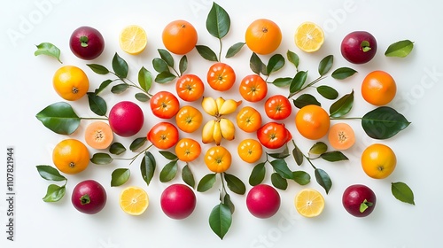 Artistic arrangement of chompoo fruits forming a symmetrical pattern on a white background photo