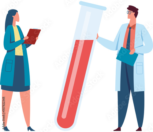 Two scientists in lab coats are performing experiments, holding a clipboard and analyzing a giant test tube containing a red liquid, conducting research and analysis in a laboratory setting