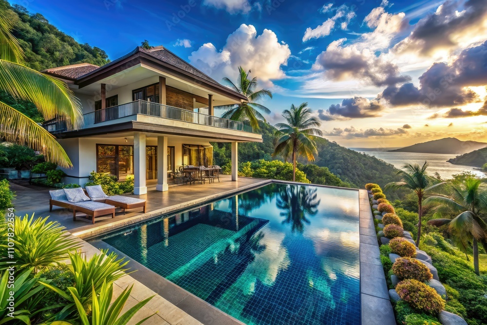 Fototapeta premium Indulge in a luxurious villa retreat surrounded by lush landscapes and breathtaking views, offering a serene, secluded summer escape in paradise. Experience tranquility and elegance.