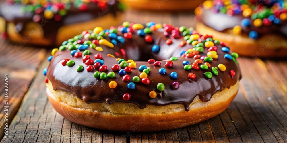 Indulge in a rich chocolate donut, topped with vibrant sprinkles and decadent chocolate chips—a delightful dessert that satisfies every sweet tooth craving. Indulge in a rich chocolate donut, topped with vibrant sprinkles and decadent chocolate chips—a delightful dessert that satisfies every sweet tooth craving.